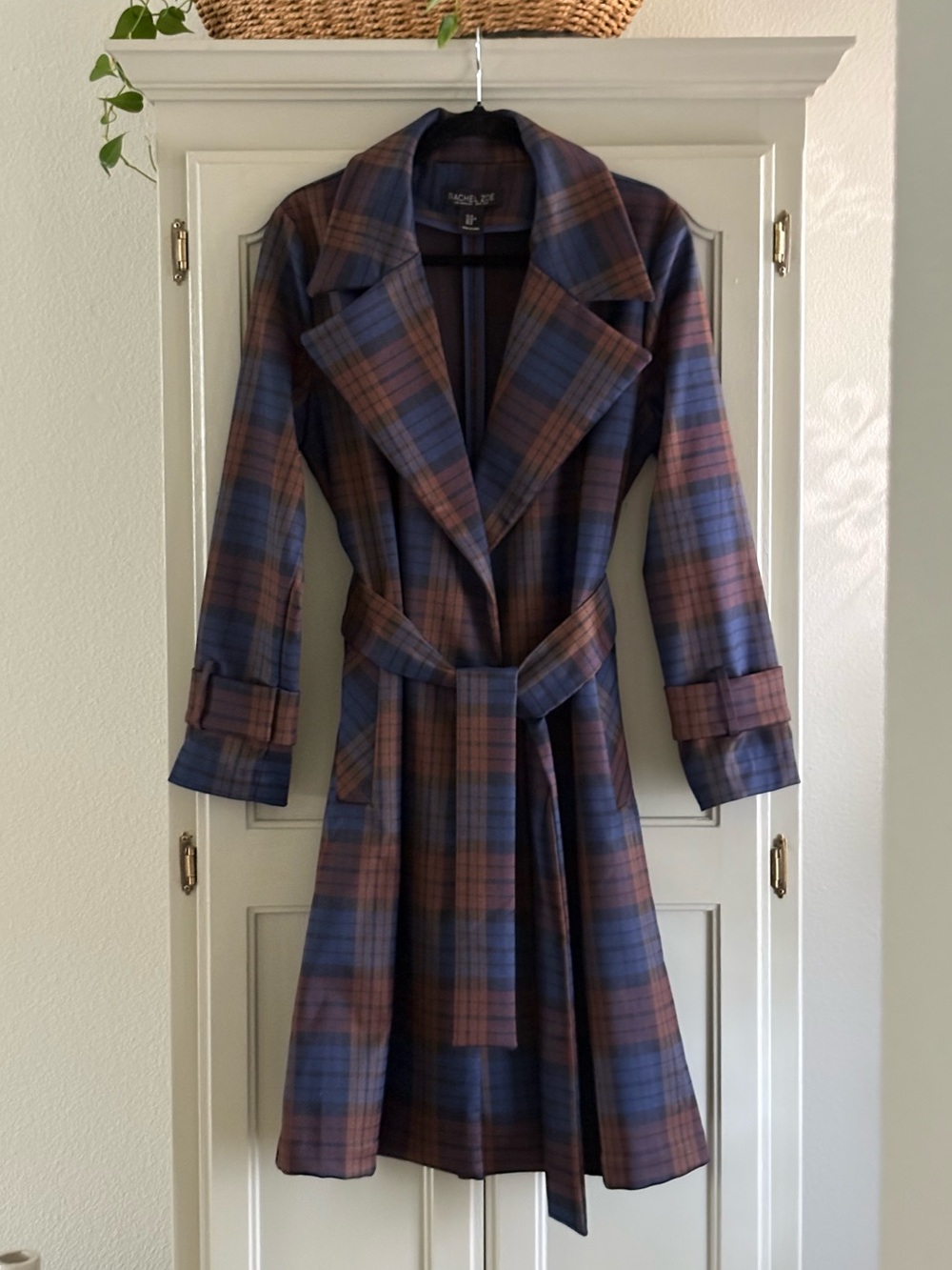 Rachel Zoe Chocolate Brown & Blue Plaid Belted Trench Coat | Size M | #V2000